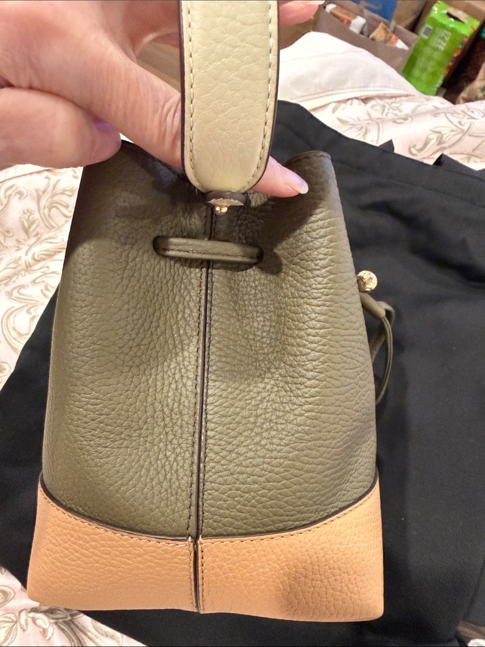 Strathberry Luxurious Bucket Bag Two Way Olive Tan and Cream - Picture 11 of 11